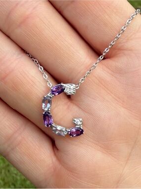 Initial “C” Natural Amethyst & Tanzanite Pendant Necklace 925 Sterling Silver